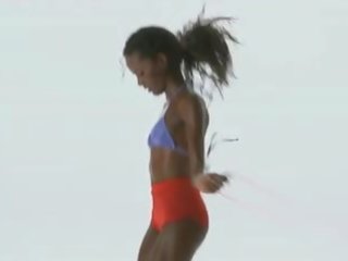 Enticing skinny black damsel fitness workout fun