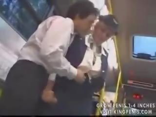 Busty stewardess public handjob in the bus