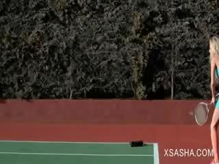 Dirty cutie slattern Sasha teasing pussy with tennis racket