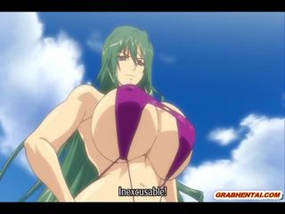 Perhambaan anime baju renang dengan bigboobs bertiga seks / persetubuhan dalam yang pantai