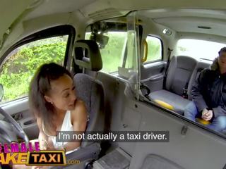 Female Fake Taxi Petite Ebony Cabbie with Tiny Shaven Pussy Fucks Passenger